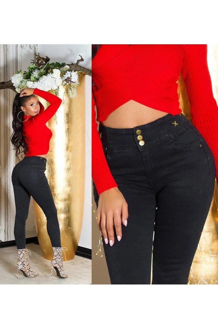 Blugi dama skinny, negri, denim, cu talia inalta, mulati,  Bloomy 7 - jojofashion.ro