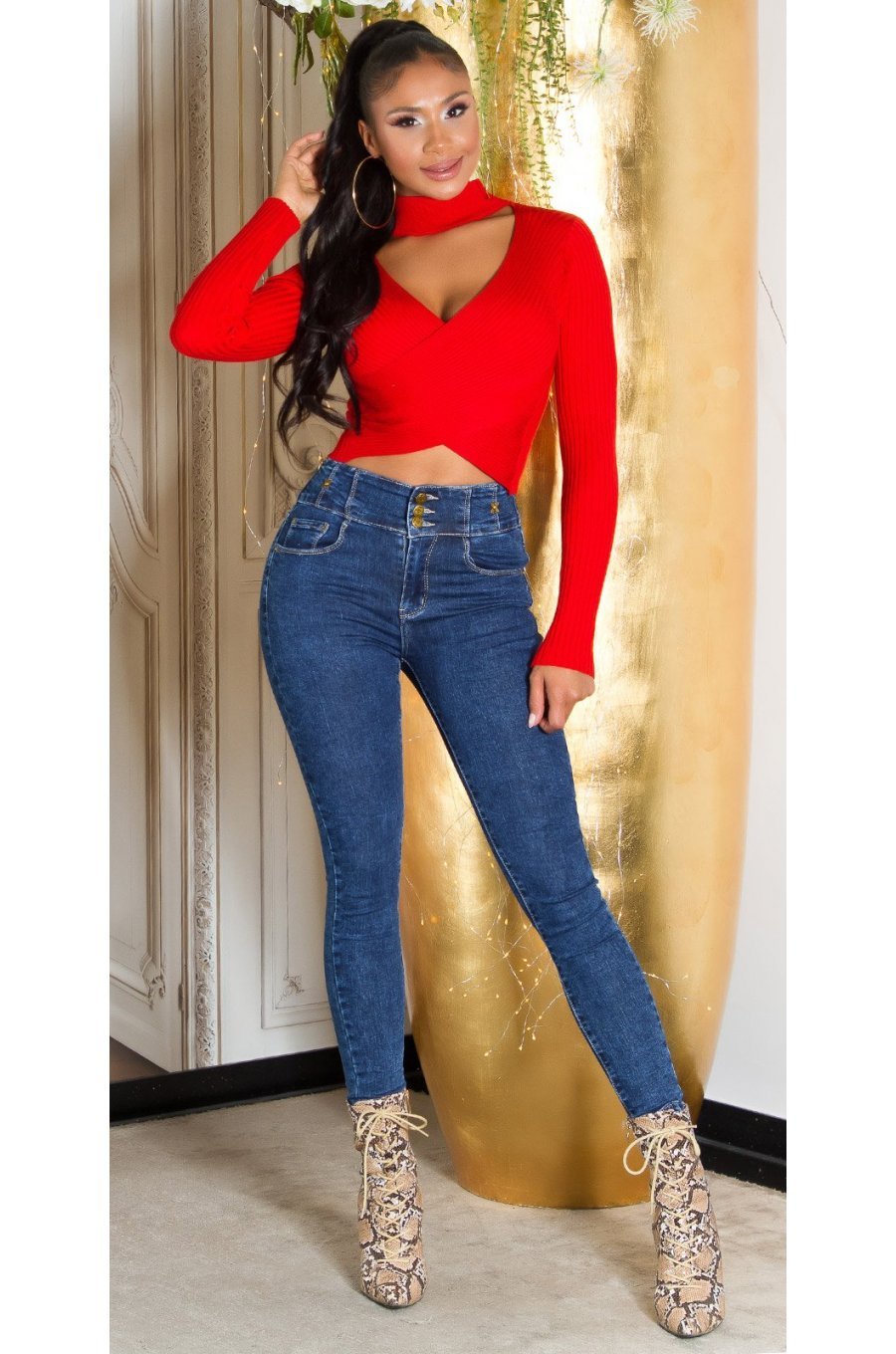 Blugi dama skinny, albastri, denim, talie inalta, mulati,  Bloomy 3 - jojofashion.ro