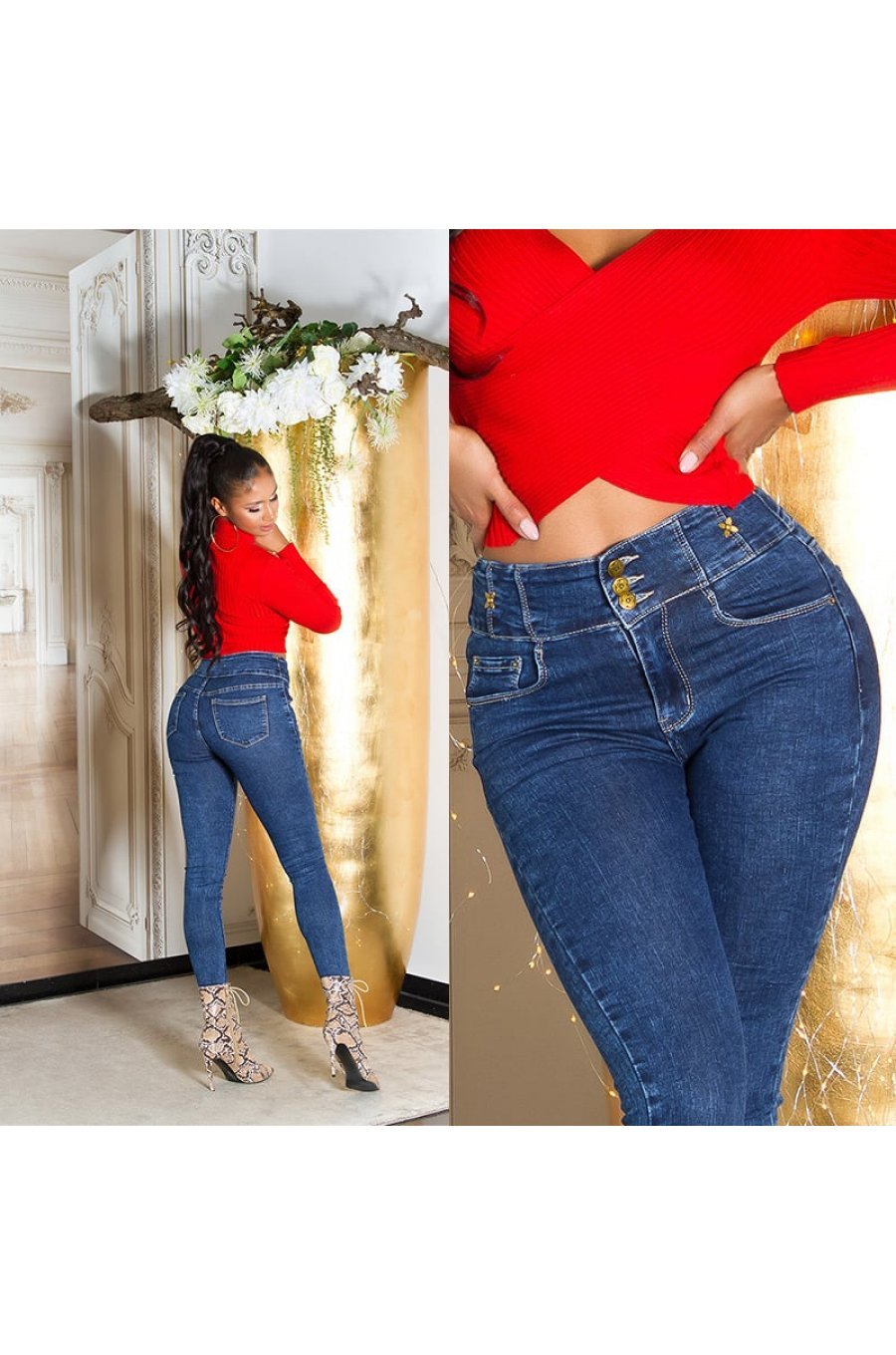 Blugi dama skinny, albastri, denim, talie inalta, mulati,  Bloomy 7 - jojofashion.ro