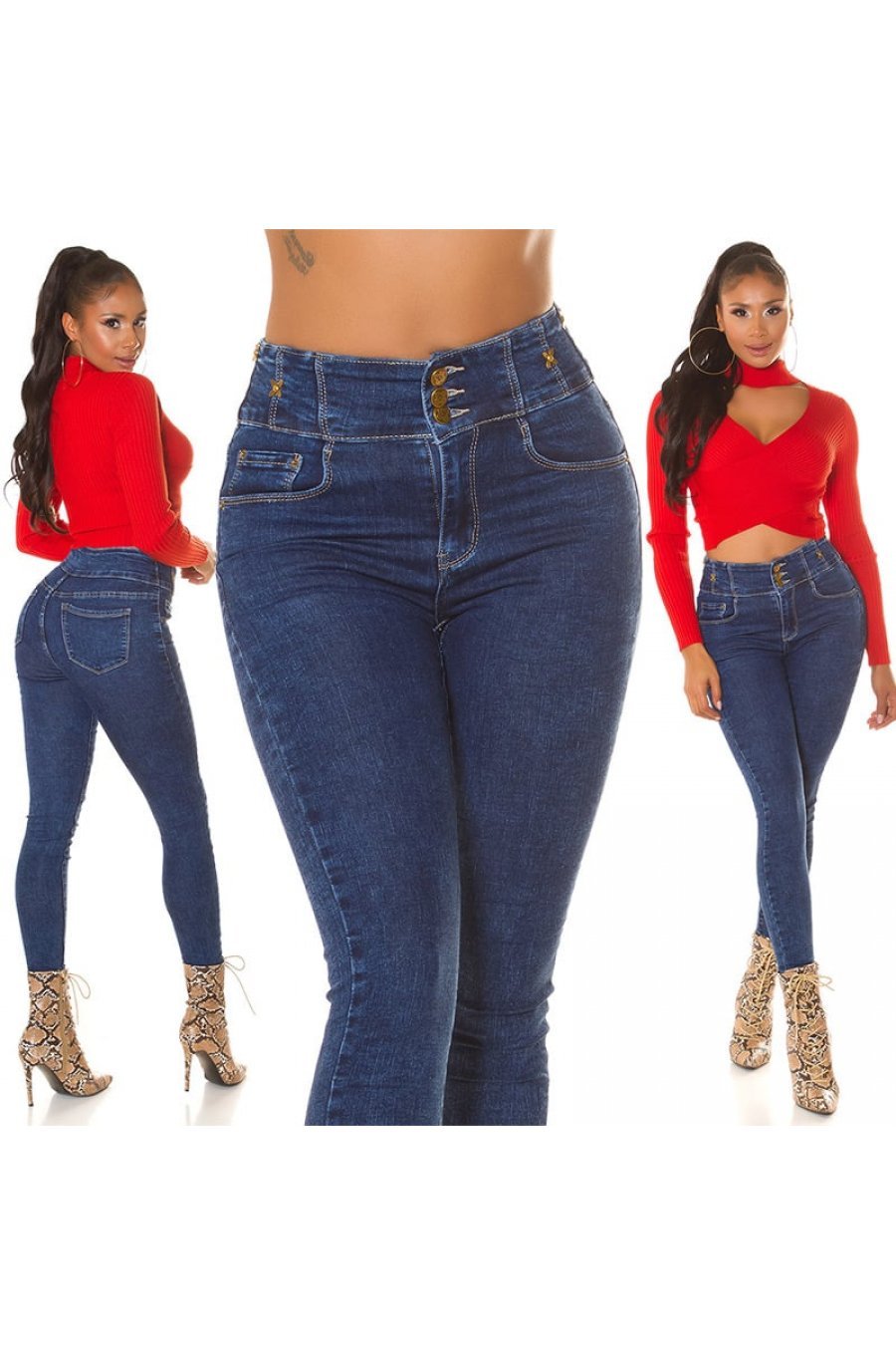 Blugi dama skinny, albastri, denim, talie inalta, mulati,  Bloomy 6 - jojofashion.ro