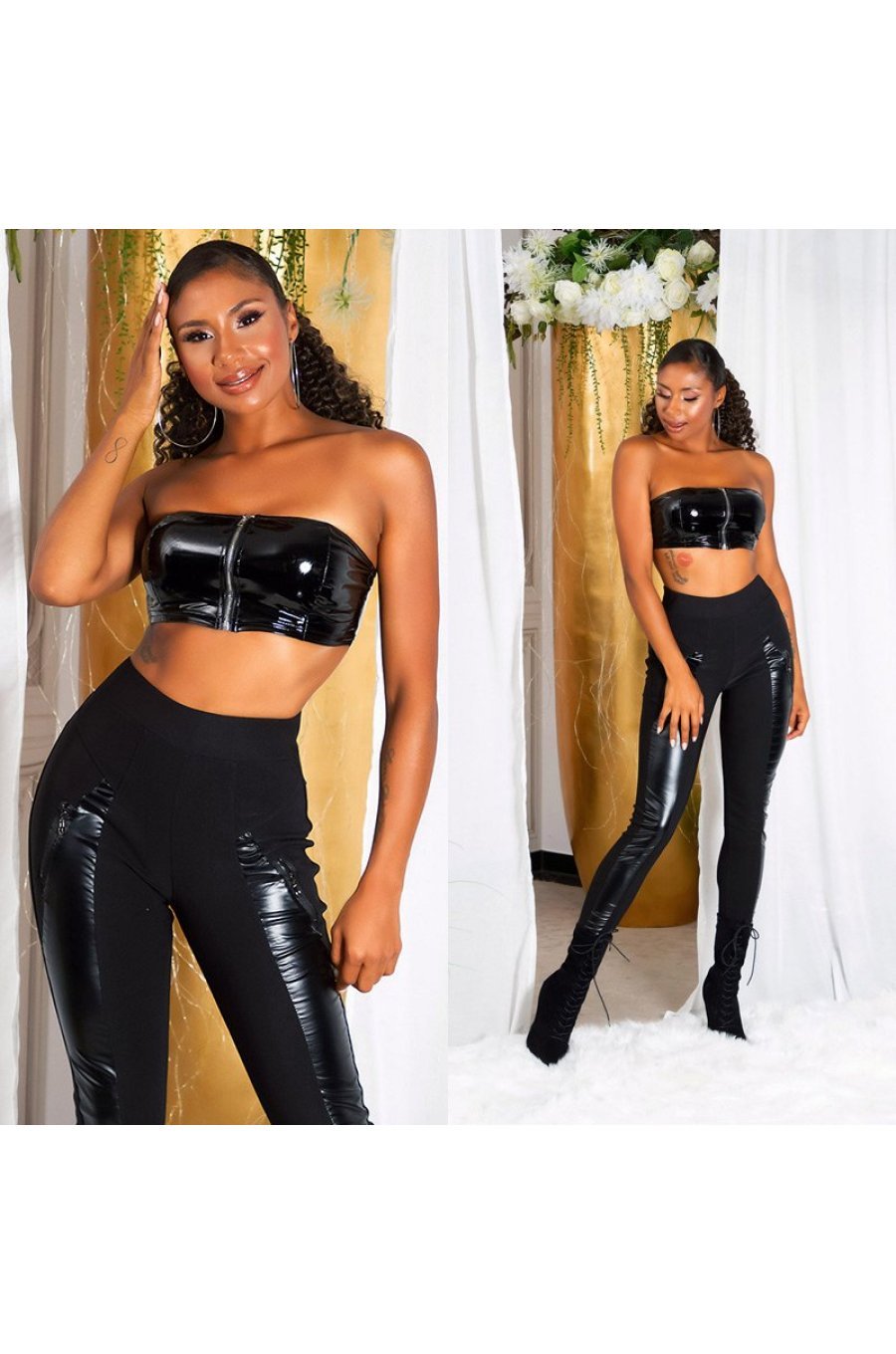 Colanti dama casual negri cu insertii din piele eco Danya 3 - jojofashion.ro