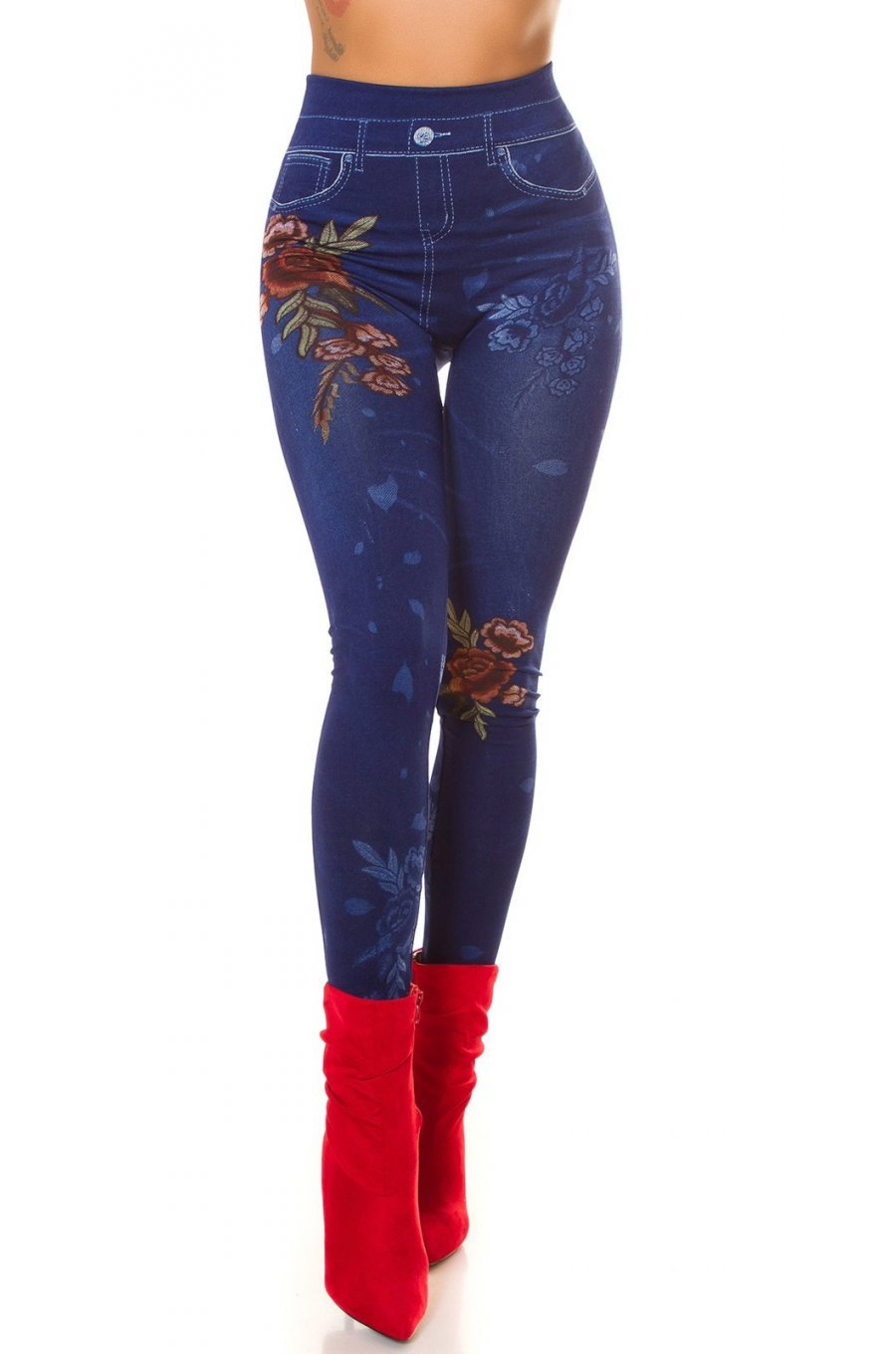 Jeggings skinny albastri cu flori rosii Alzira 1 - jojofashion.ro