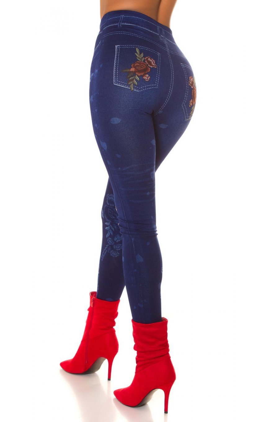Jeggings skinny albastri cu flori rosii Alzira 5 - jojofashion.ro