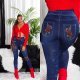 Jeggings skinny albastri cu flori rosii Alzira 4 - jojofashion.ro