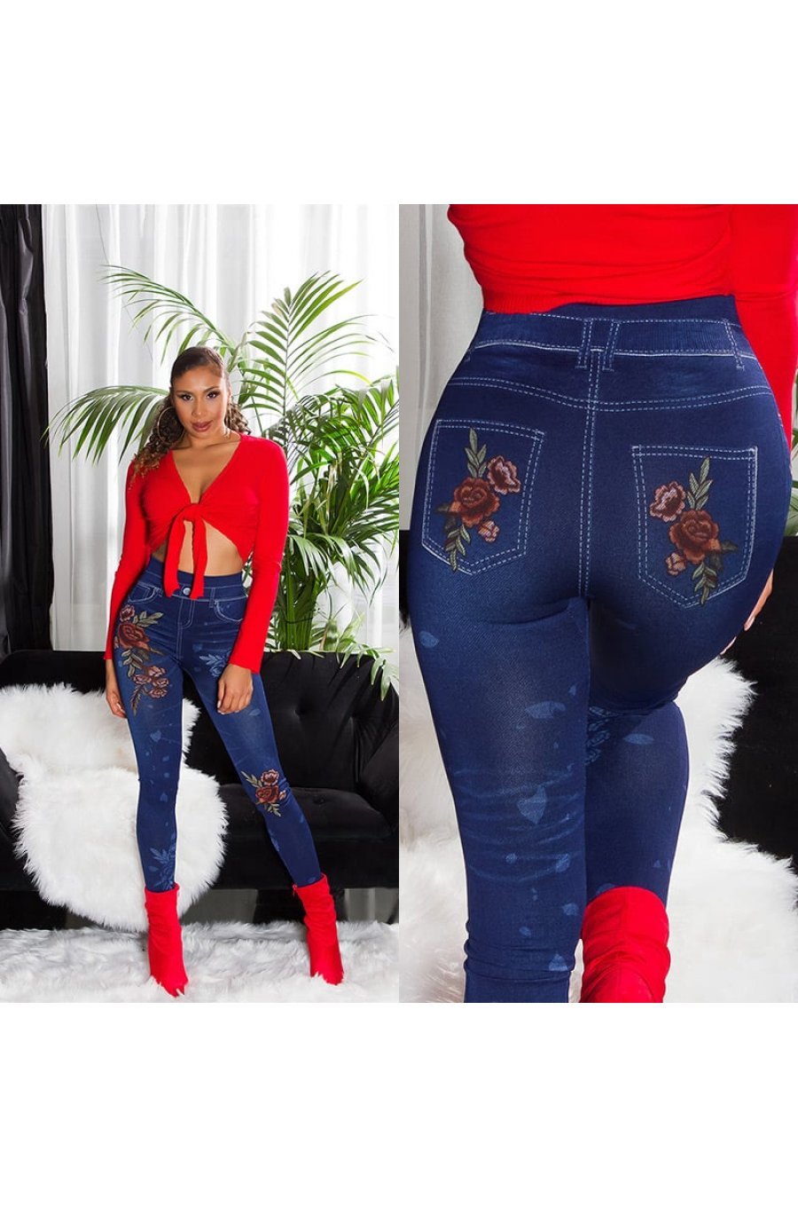Jeggings skinny albastri cu flori rosii Alzira 3 - jojofashion.ro