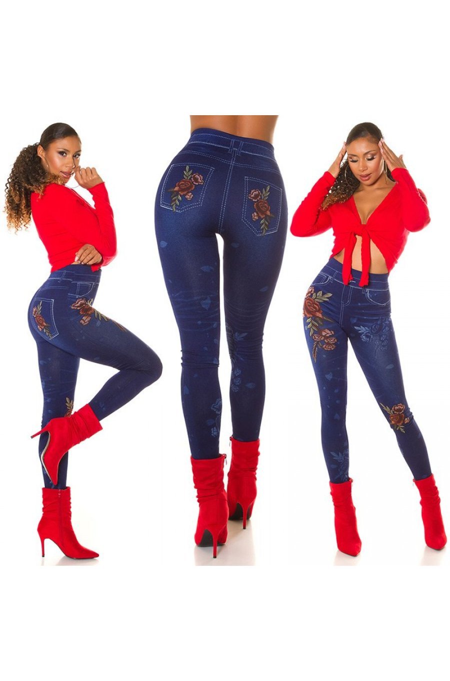 Jeggings skinny albastri cu flori rosii Alzira 4 - jojofashion.ro