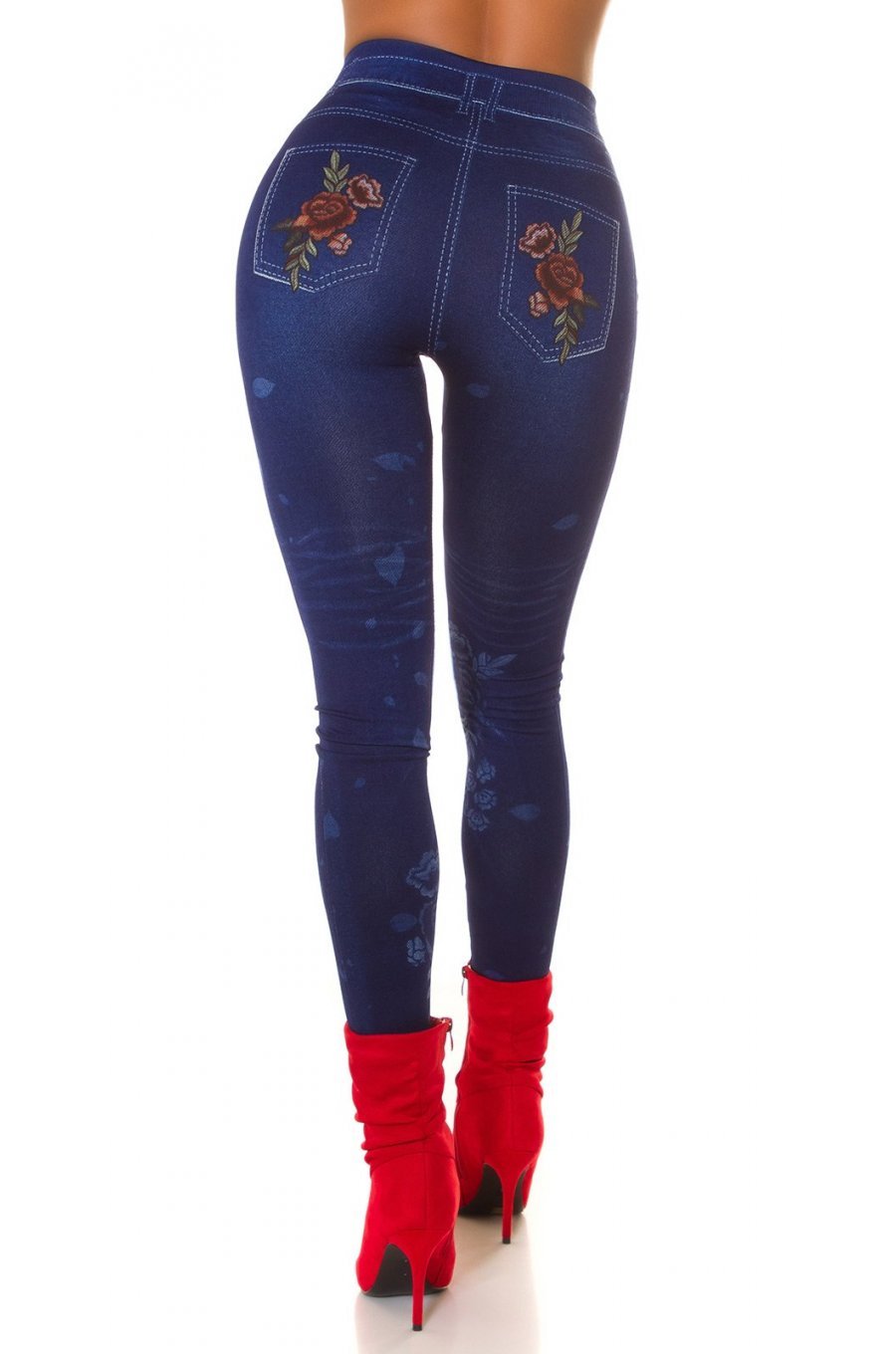 Jeggings skinny albastri cu flori rosii Alzira 2 - jojofashion.ro
