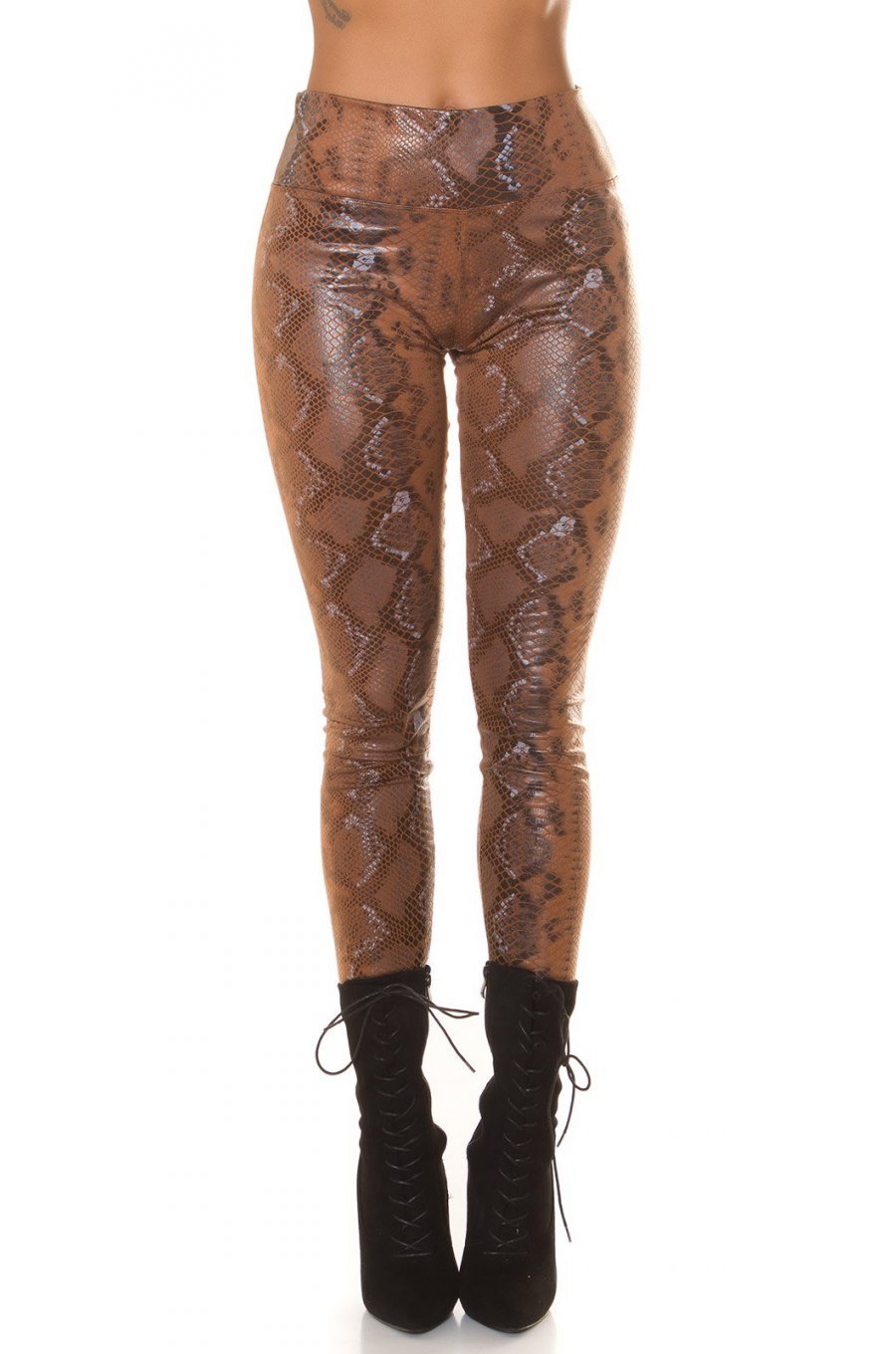 Colanti dama animal print snake, piele eco, maro, cu talia inalta, Sabrinne 1 - jojofashion.ro