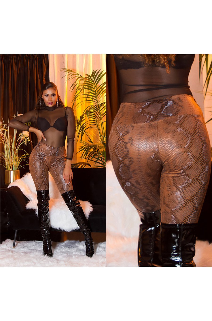 Colanti dama animal print snake, piele eco, maro, cu talia inalta, Sabrinne 5 - jojofashion.ro