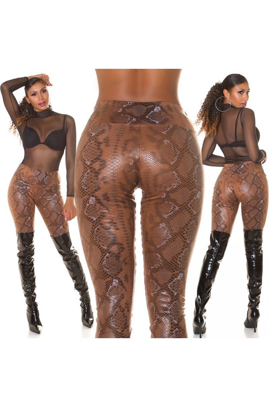 Colanti dama animal print snake, piele eco, maro, cu talia inalta, Sabrinne 6 - jojofashion.ro