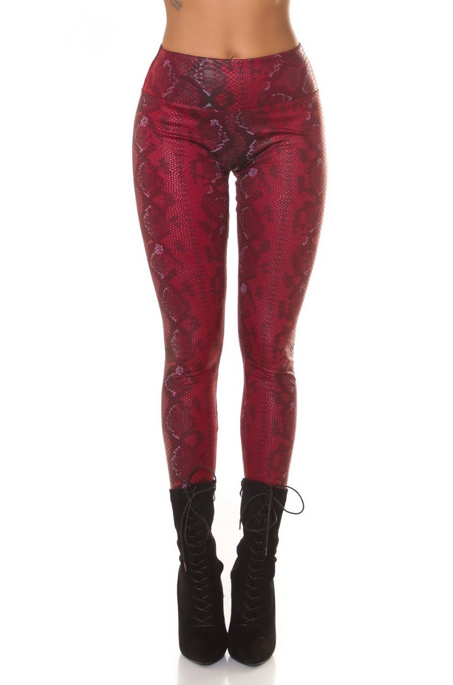 Colanti dama animal print snake, piele eco, rosii, cu talia inalta, Sabrinne 1 - jojofashion.ro