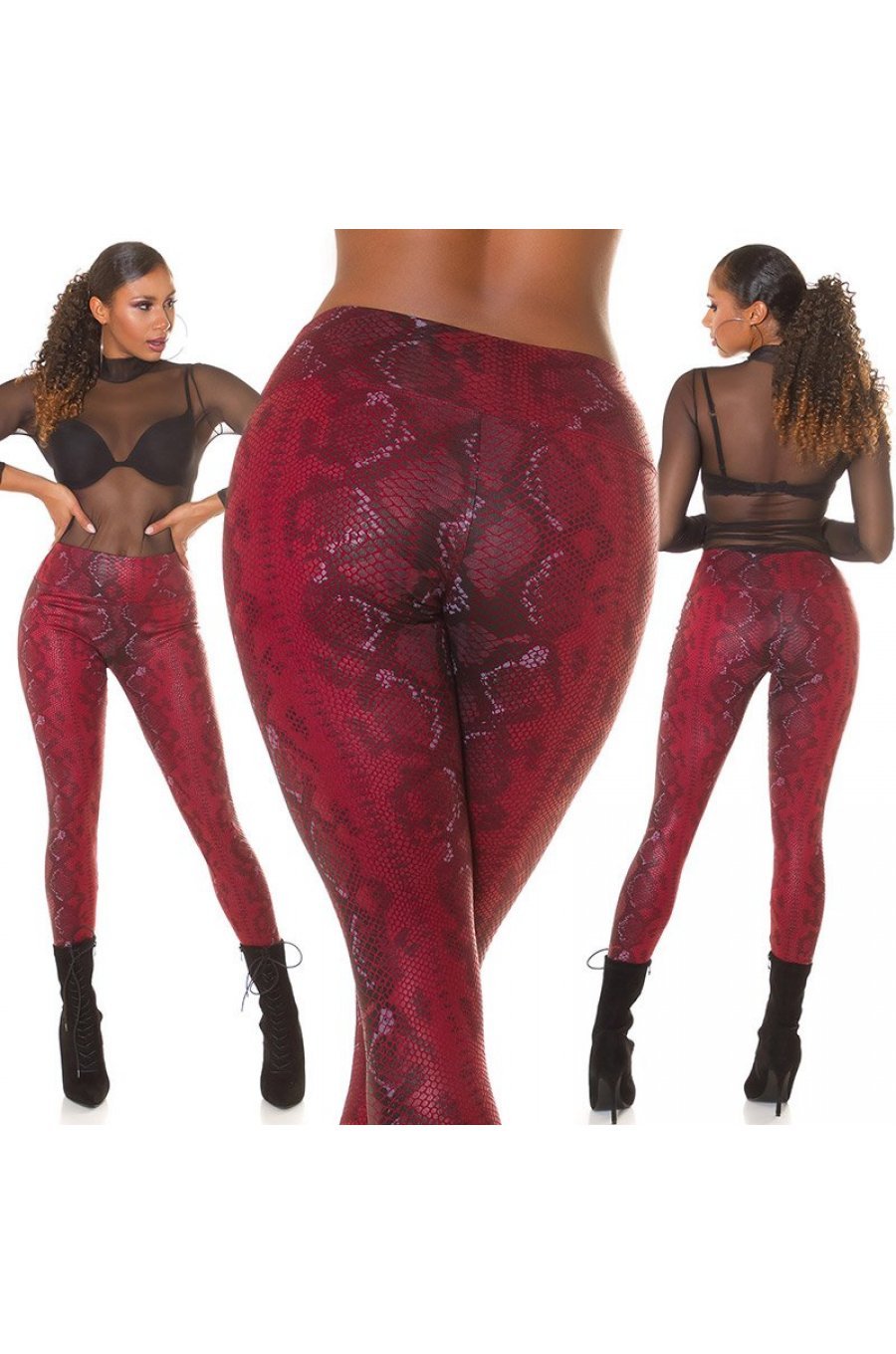 Colanti dama animal print snake, piele eco, rosii, cu talia inalta, Sabrinne 7 - jojofashion.ro