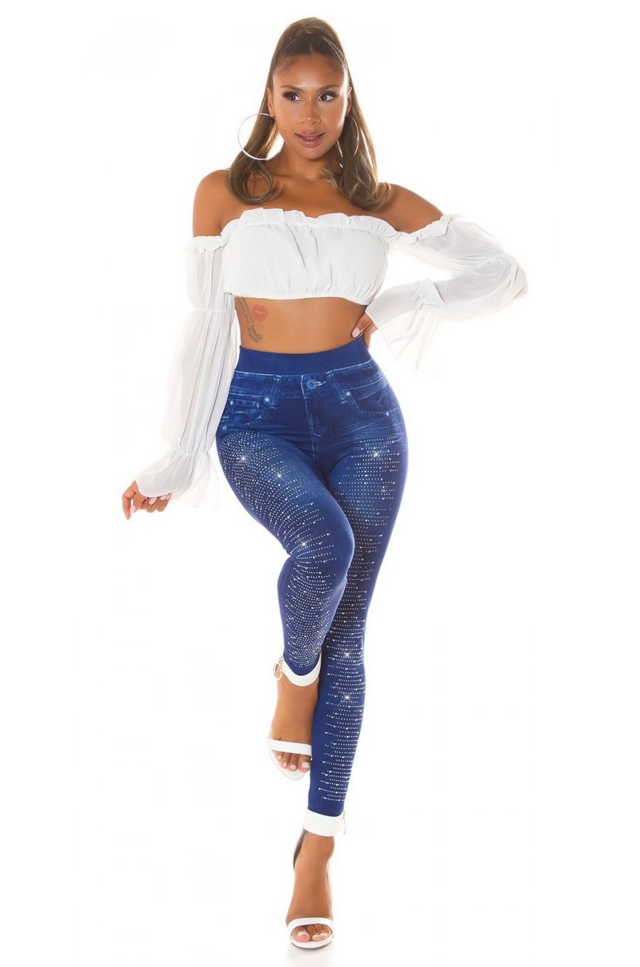 Colanti dama cu aspect de blugi, albastri, mulati, cu glitter, Zaylin 7 - jojofashion.ro