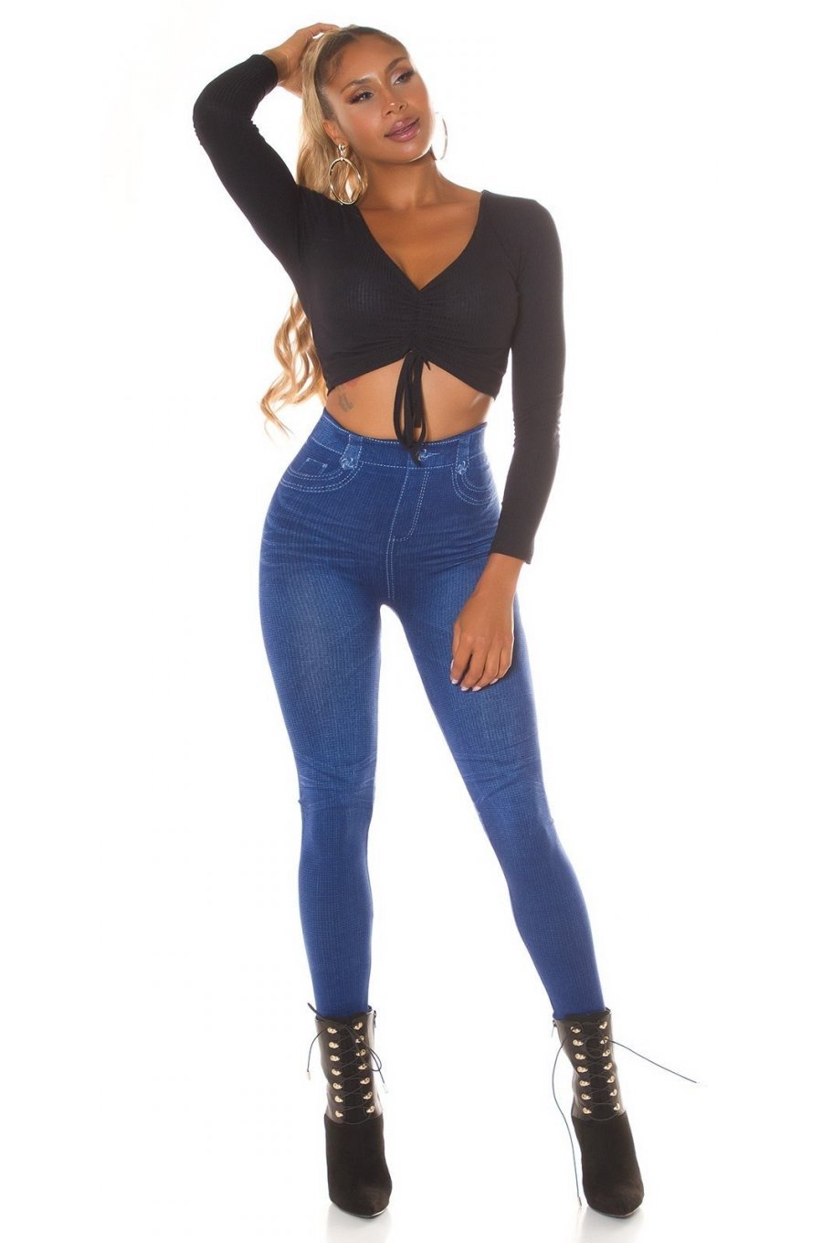 Colanti dama cu aspect de blugi, albastri, mulati, cu talia inalta, Dilania 5 - jojofashion.ro