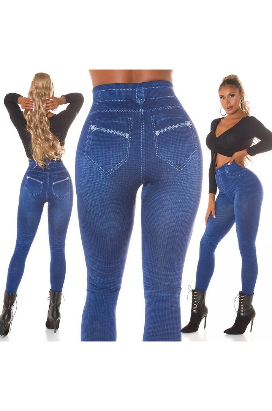 Colanti dama cu aspect de blugi, albastri, mulati, cu talia inalta, Dilania 8 - jojofashion.ro