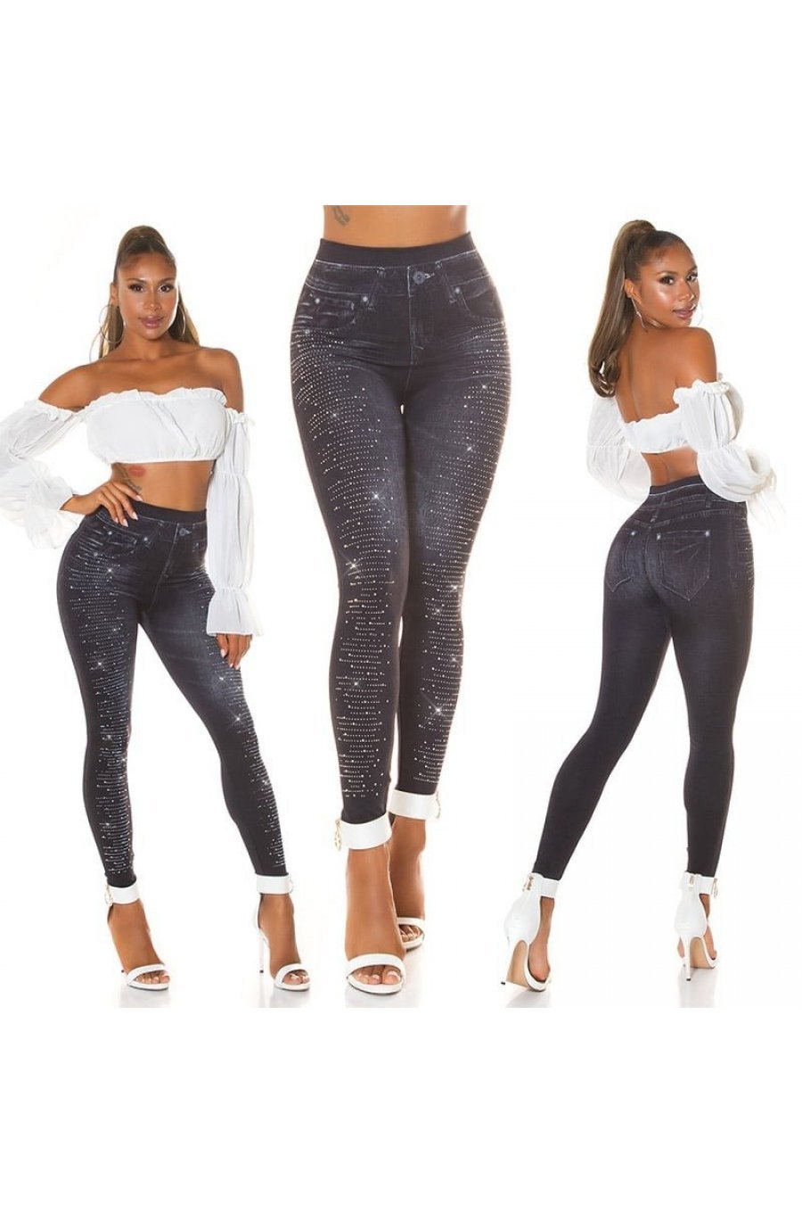 Colanti dama cu aspect de blugi, negri, mulati, cu glitter, Zaylin 8 - jojofashion.ro