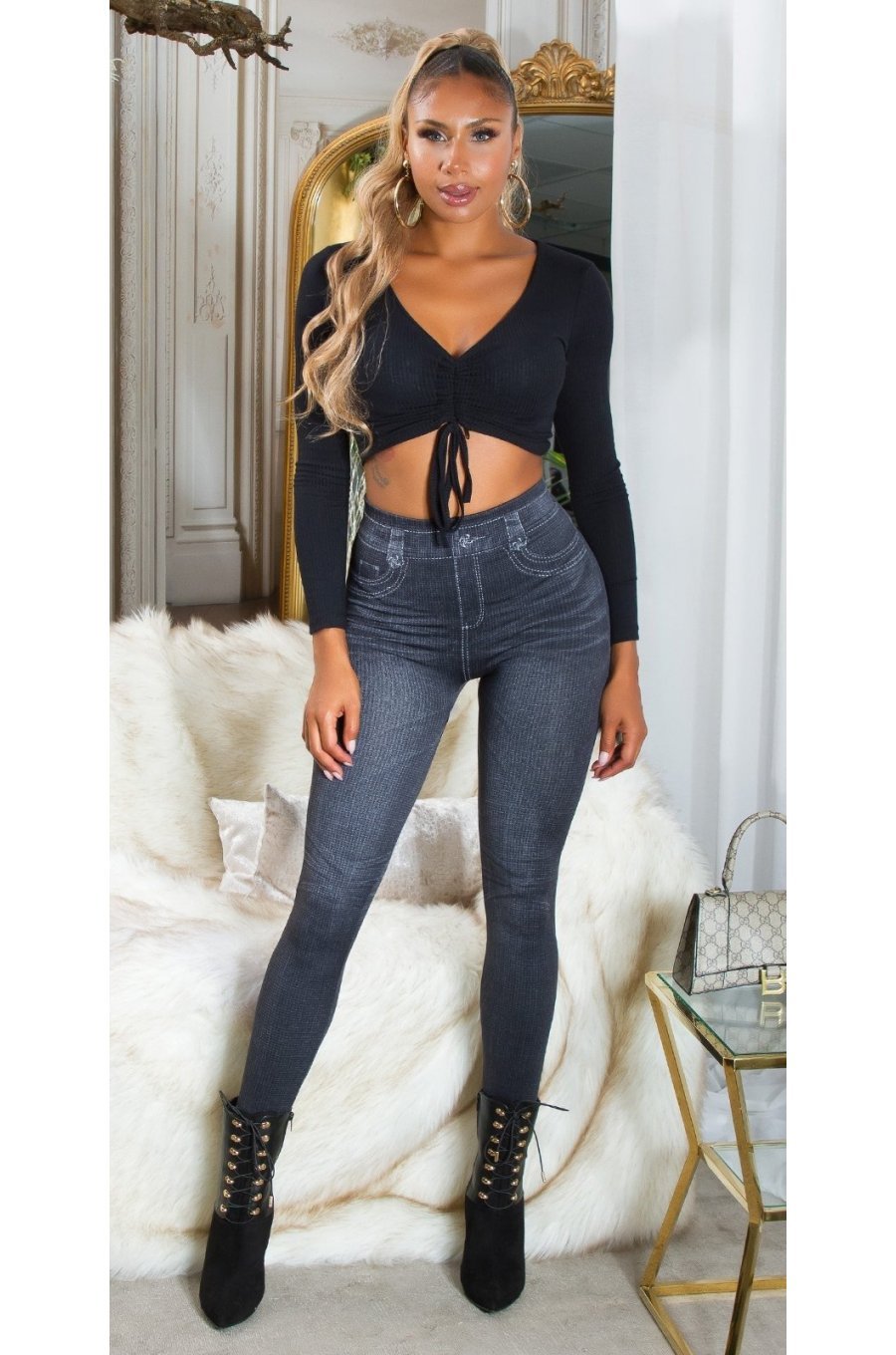 Colanti dama cu aspect de blugi, negri, mulati, cu talia inalta, Dilania 3 - jojofashion.ro