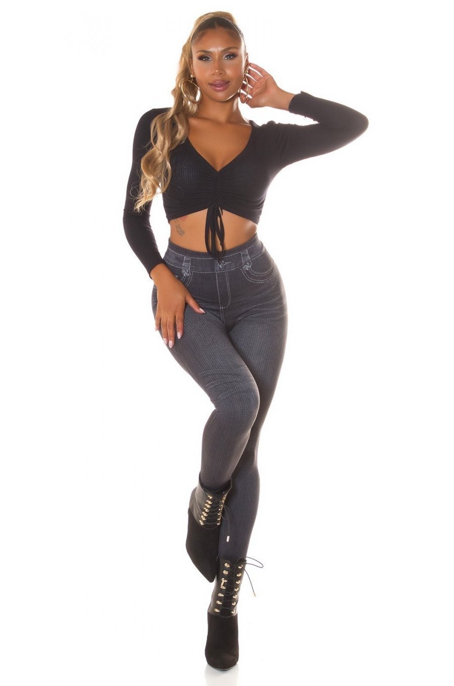 Colanti dama cu aspect de blugi, negri, mulati, cu talia inalta, Dilania 5 - jojofashion.ro
