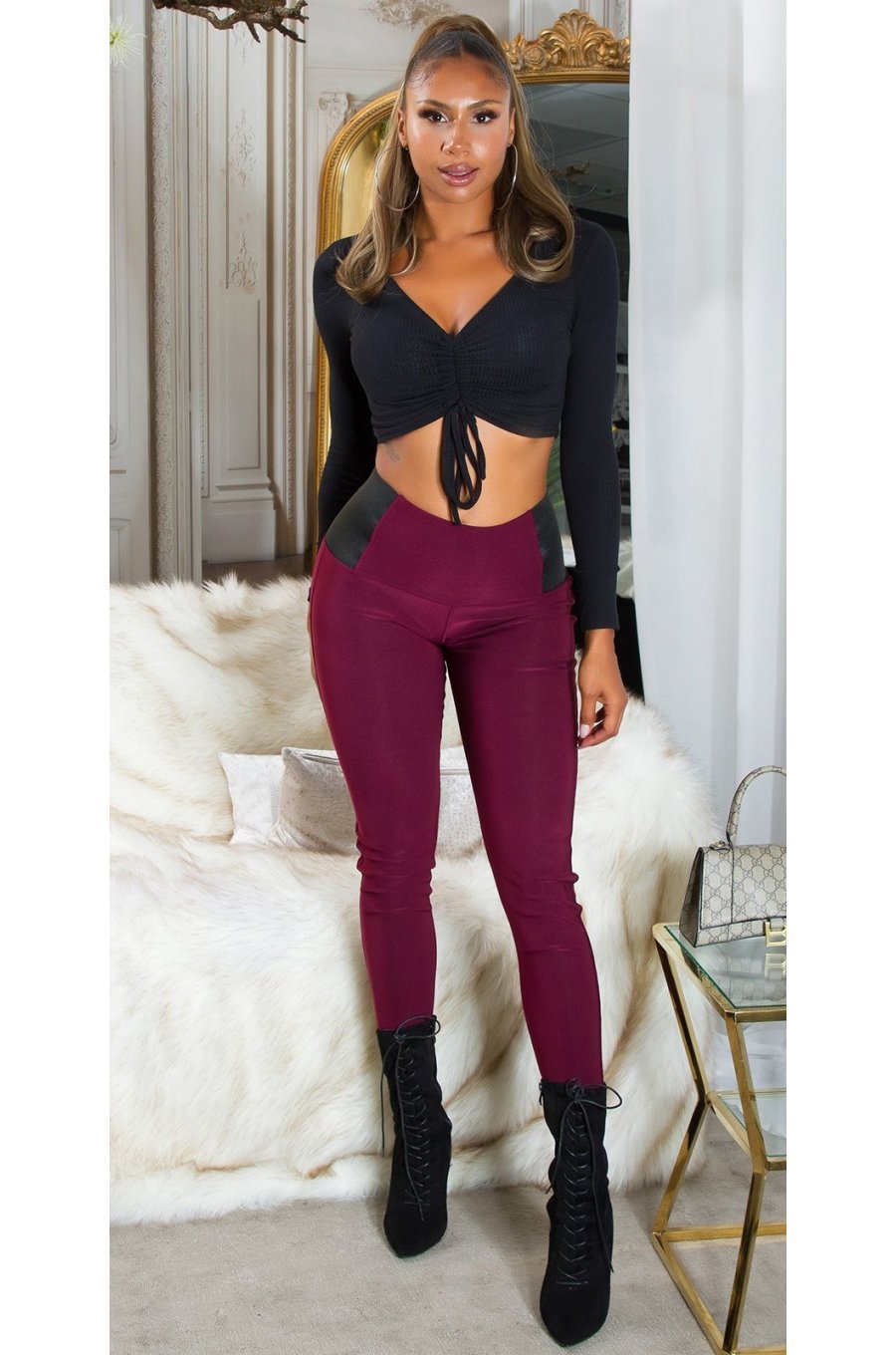 Colanti dama elastici, burgundy, cu talia inalta, Marissa 3 - jojofashion.ro