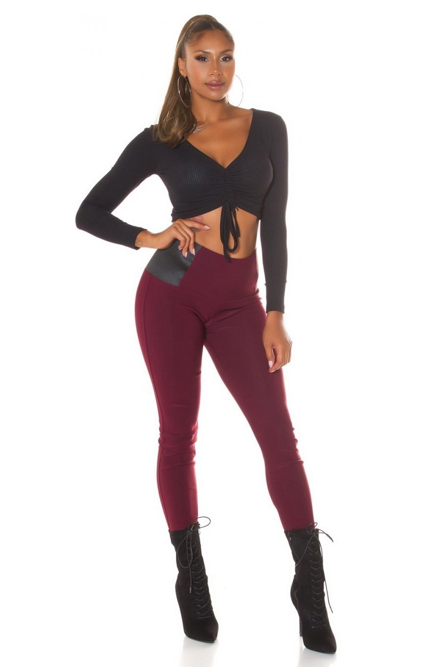 Colanti dama elastici, burgundy, cu talia inalta, Marissa 5 - jojofashion.ro