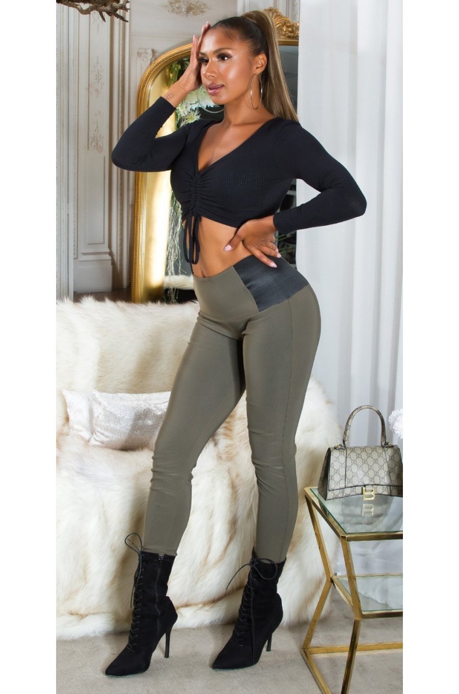 Colanti elastici kaki cu talie inalta Marissa Colanti elastici kaki cu talie inalta Marissa 3 - jojofashion.ro
