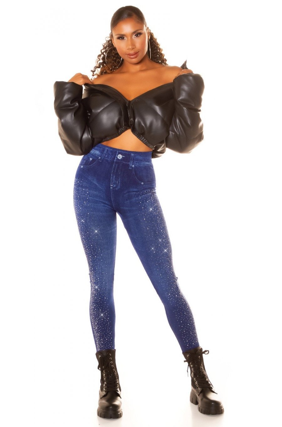 Colanti dama mulati, albastri, cu aspect de blugi si pietre aplicate, Bethany 5 - jojofashion.ro