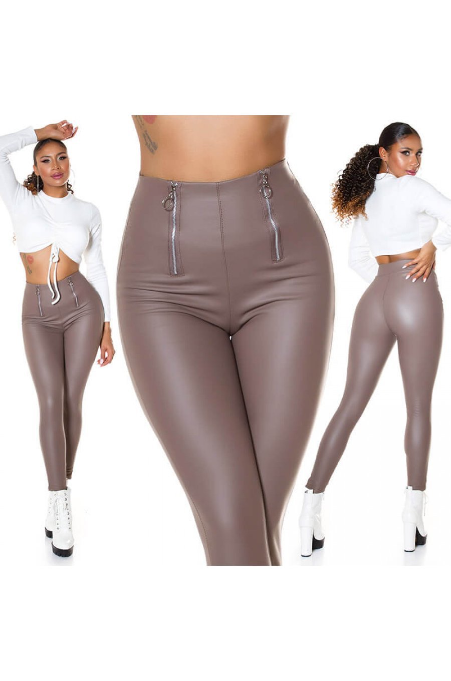 Colanti piele eco cappuccino cu talie inalta Susan Colanti piele eco cappuccino cu talie inalta Susan 4 - jojofashion.ro