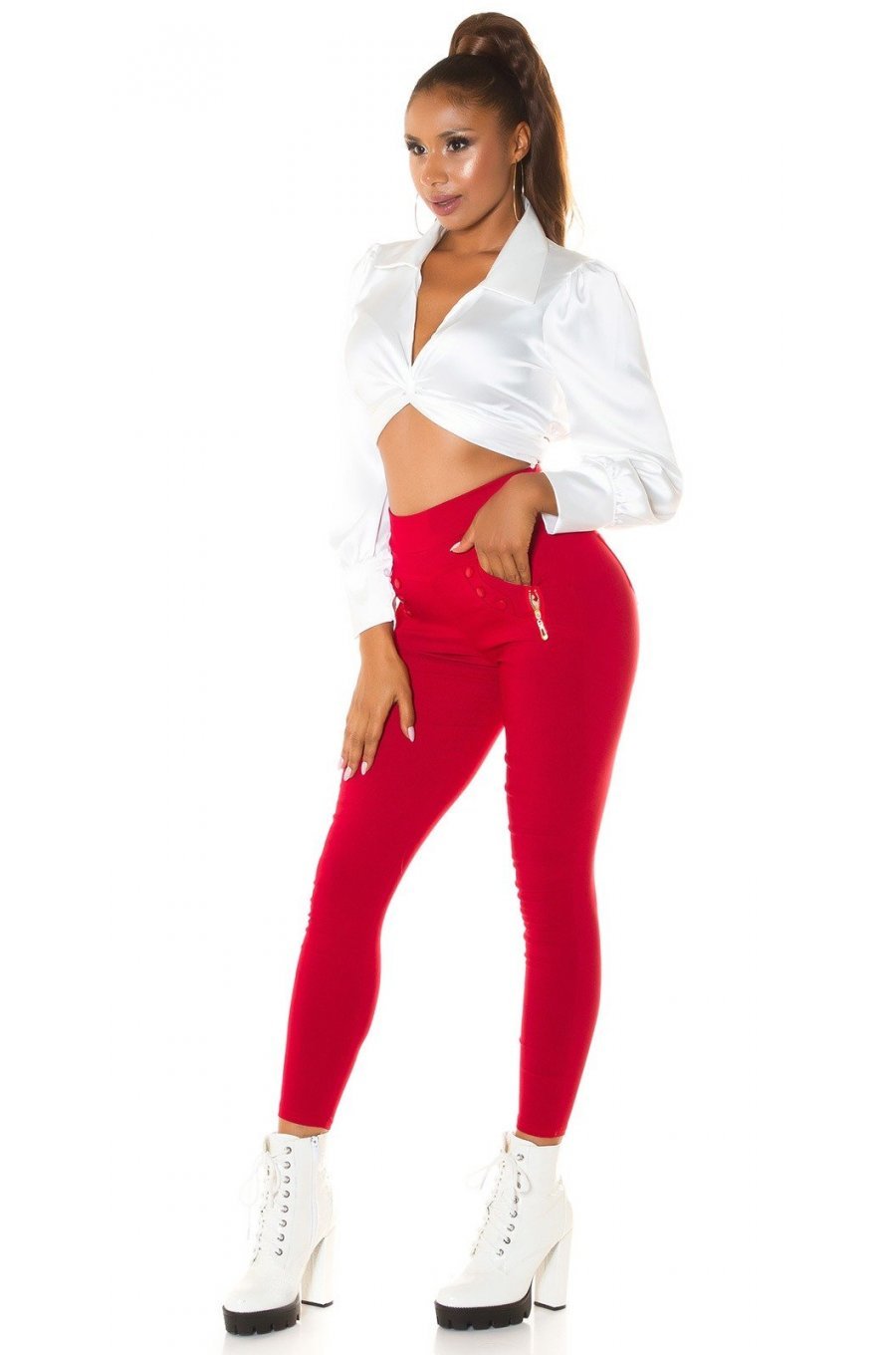 Colanti dama rosii, cu buzunare, talie inalta, Gaetana 3 - jojofashion.ro