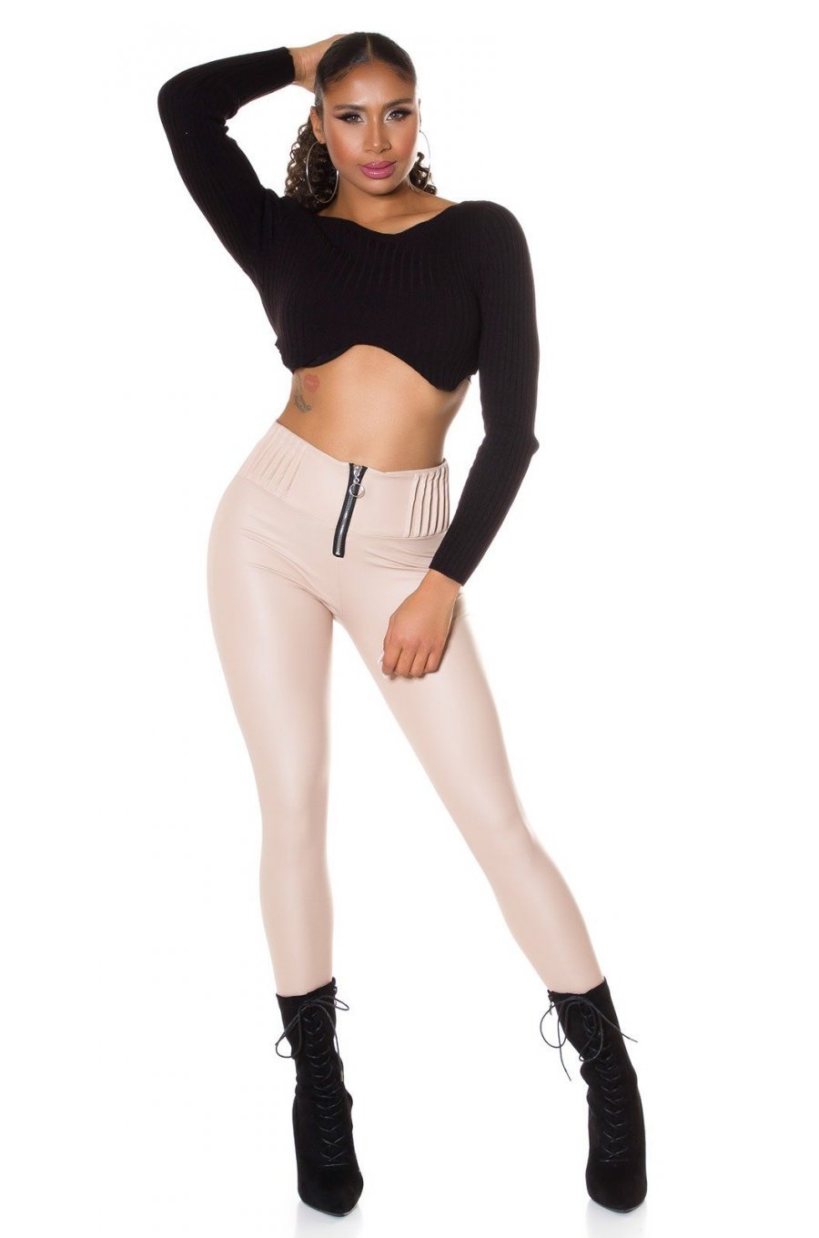 Colanti termici bej din piele eco cu talie inalta Olivia Colanti termici bej din piele eco cu talie inalta Olivia 4 - jojofashion.ro