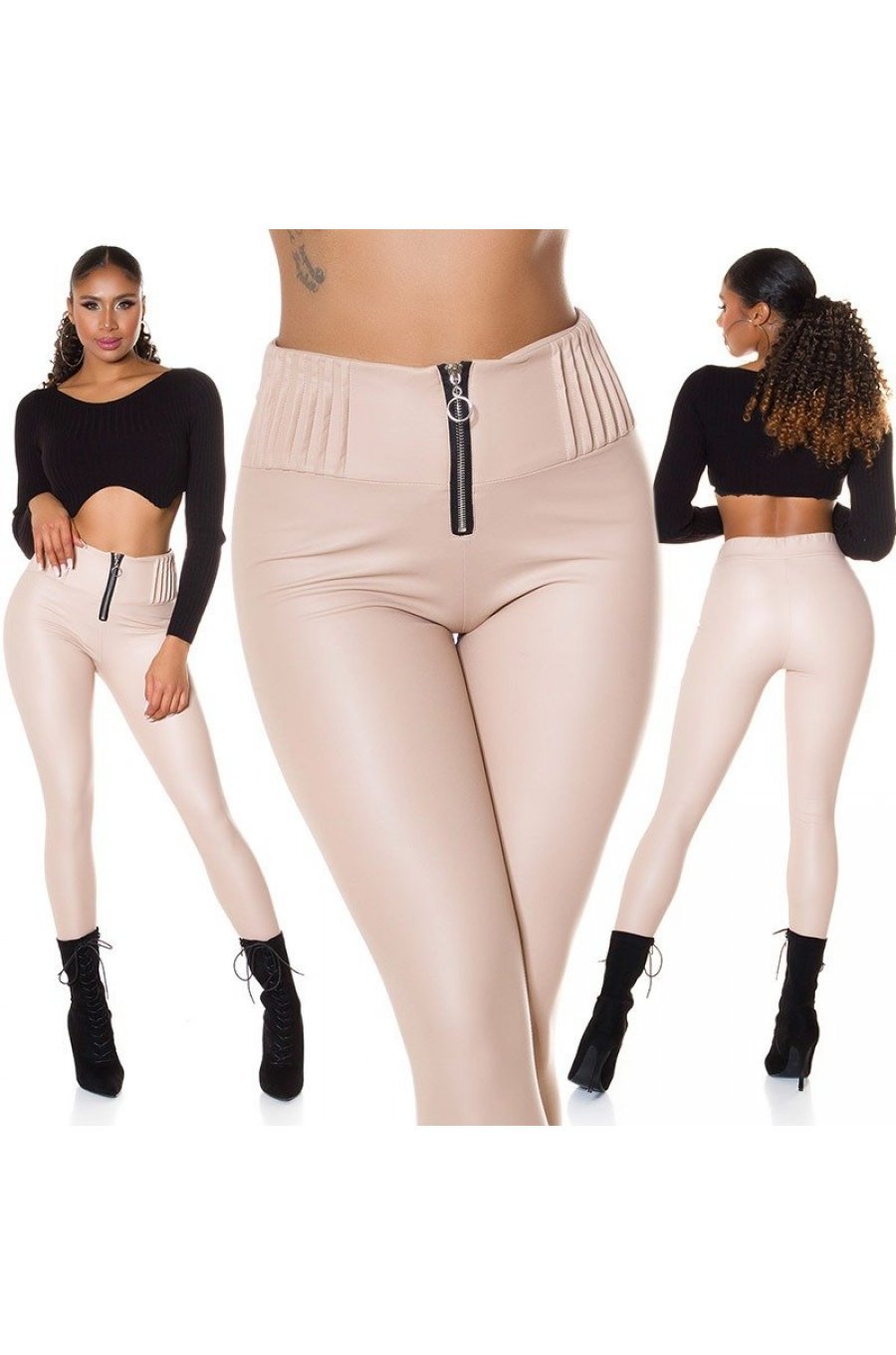 Colanti termici bej din piele eco cu talie inalta Olivia Colanti termici bej din piele eco cu talie inalta Olivia 6 - jojofashion.ro