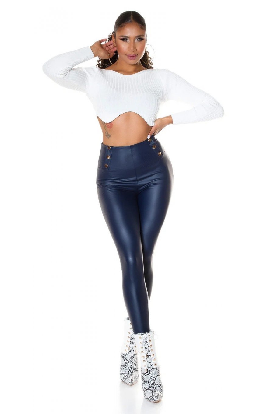 Colanti dama termici bleumarin navy piele eco cu talia inalta Rimmy	 3 - jojofashion.ro