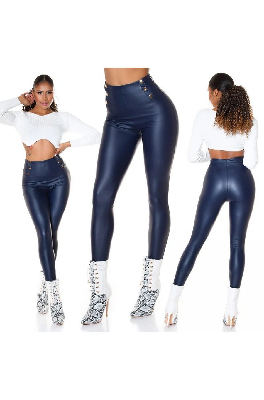 Colanti dama termici bleumarin navy piele eco cu talia inalta Rimmy	 4 - jojofashion.ro