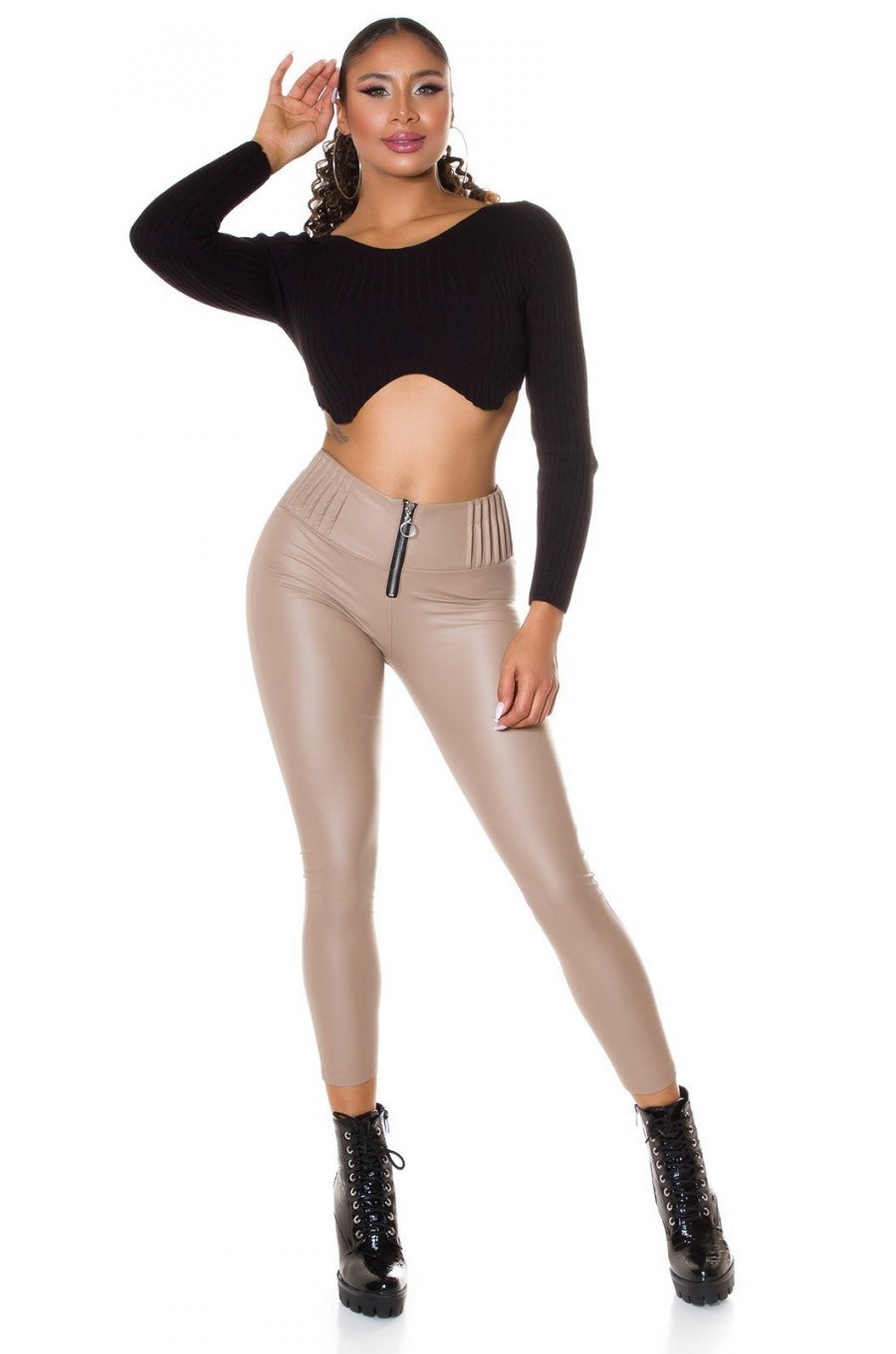 Colanti termici cappuccino din piele eco cu talie inalta Olivia Colanti termici cappuccino din piele eco cu talie inalta Olivia 4 - jojofashion.ro
