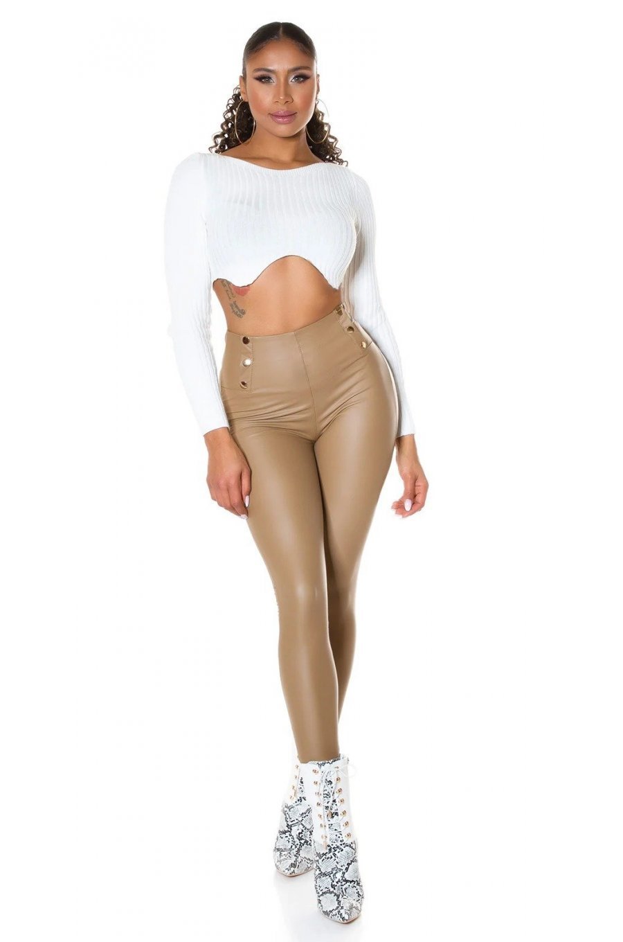 Colanti dama termici piele eco bej cu talia inalta Rimmy 3 - jojofashion.ro