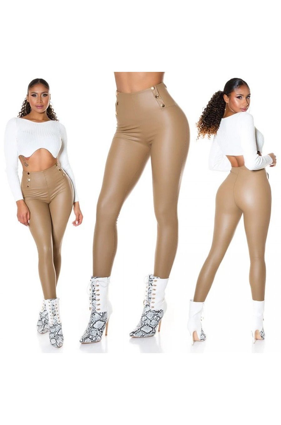 Colanti dama termici piele eco bej cu talia inalta Rimmy 4 - jojofashion.ro