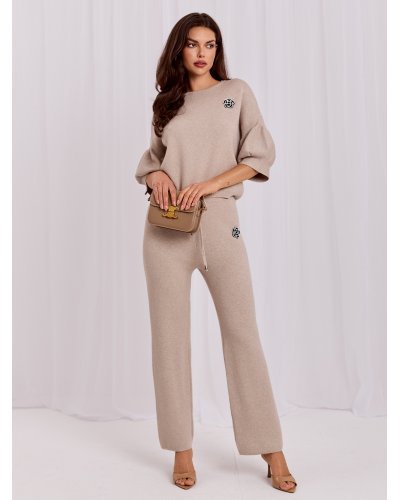 Compleu dama tricotat din vascoza bej Camelly - jojofashion.ro