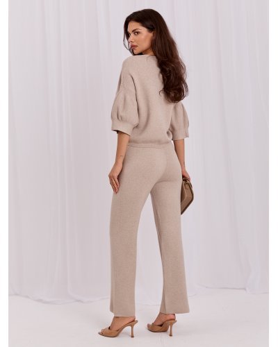 Compleu dama tricotat din vascoza bej Camelly - jojofashion.ro