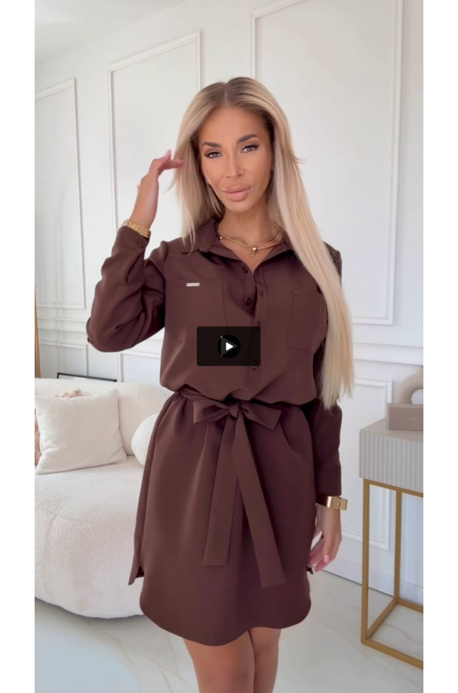 Rochie office tip camasa maro scurta cu maneca lunga Flavya 6 - jojofashion.ro