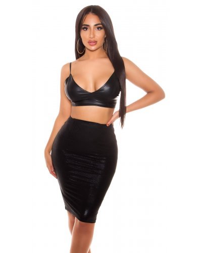 Fusta tip creion neagra snake print WetLook Anifa - jojofashion.ro