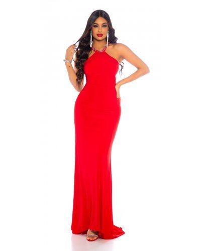 Tinuta rochie eleganta rosie lunga, sandale rosii cu strasuri si plic argintiu Daryiah Tinute de petrecere, Tinuta rochie eleganta rosie lunga, sandale rosii cu strasuri si plic argintiu Daryiah - jojofashion.ro