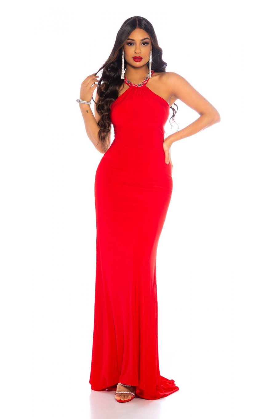 Tinuta rochie eleganta rosie lunga, sandale rosii cu strasuri si plic argintiu Daryiah 1 - jojofashion.ro
