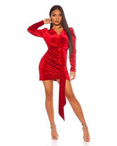 Rochie scurta rosie mulata din catifea cu maneca lunga Diamond  - jojofashion.ro