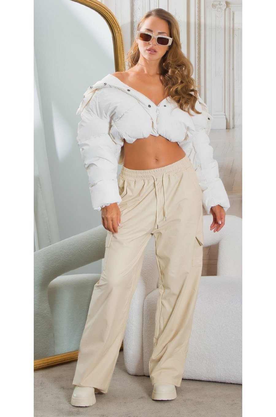 Pantaloni dama cargo, bej, imitatie piele, Asly Pantaloni dama cargo, bej, imitatie piele, Asly 3 - jojofashion.ro
