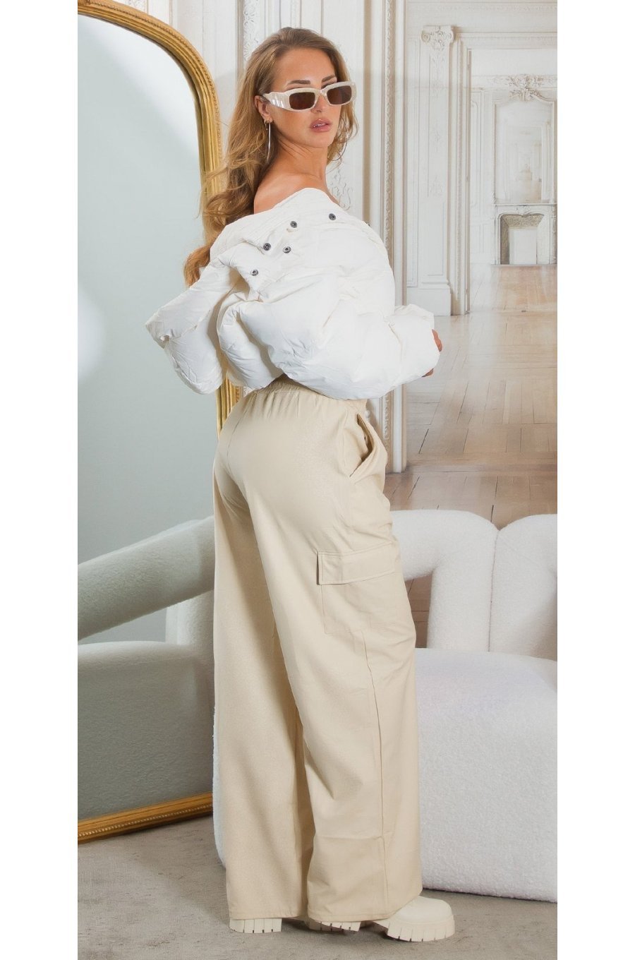 Pantaloni dama cargo, bej, imitatie piele, Asly Pantaloni dama cargo, bej, imitatie piele, Asly 4 - jojofashion.ro
