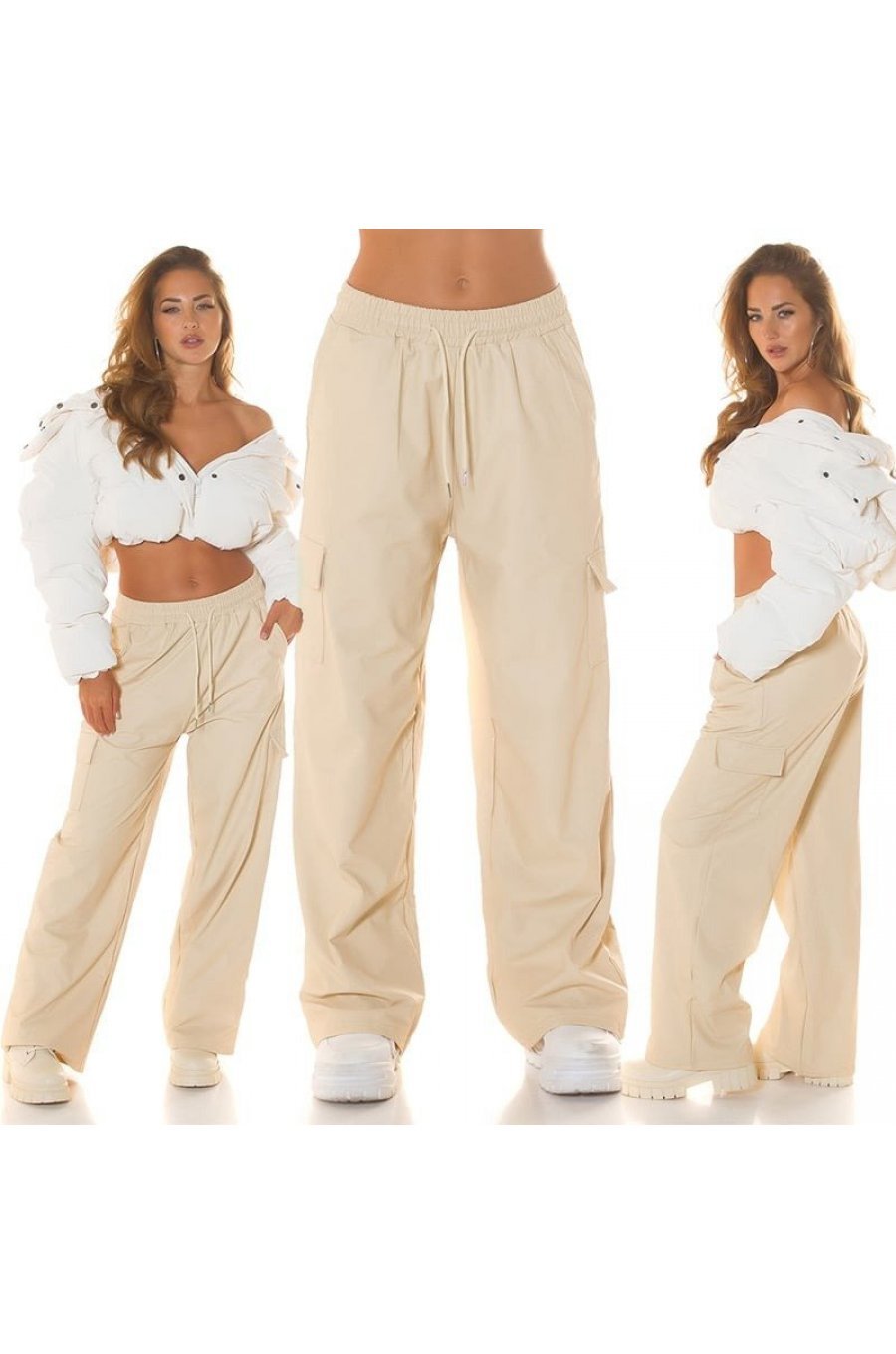 Pantaloni dama cargo, bej, imitatie piele, Asly Pantaloni dama cargo, bej, imitatie piele, Asly 5 - jojofashion.ro