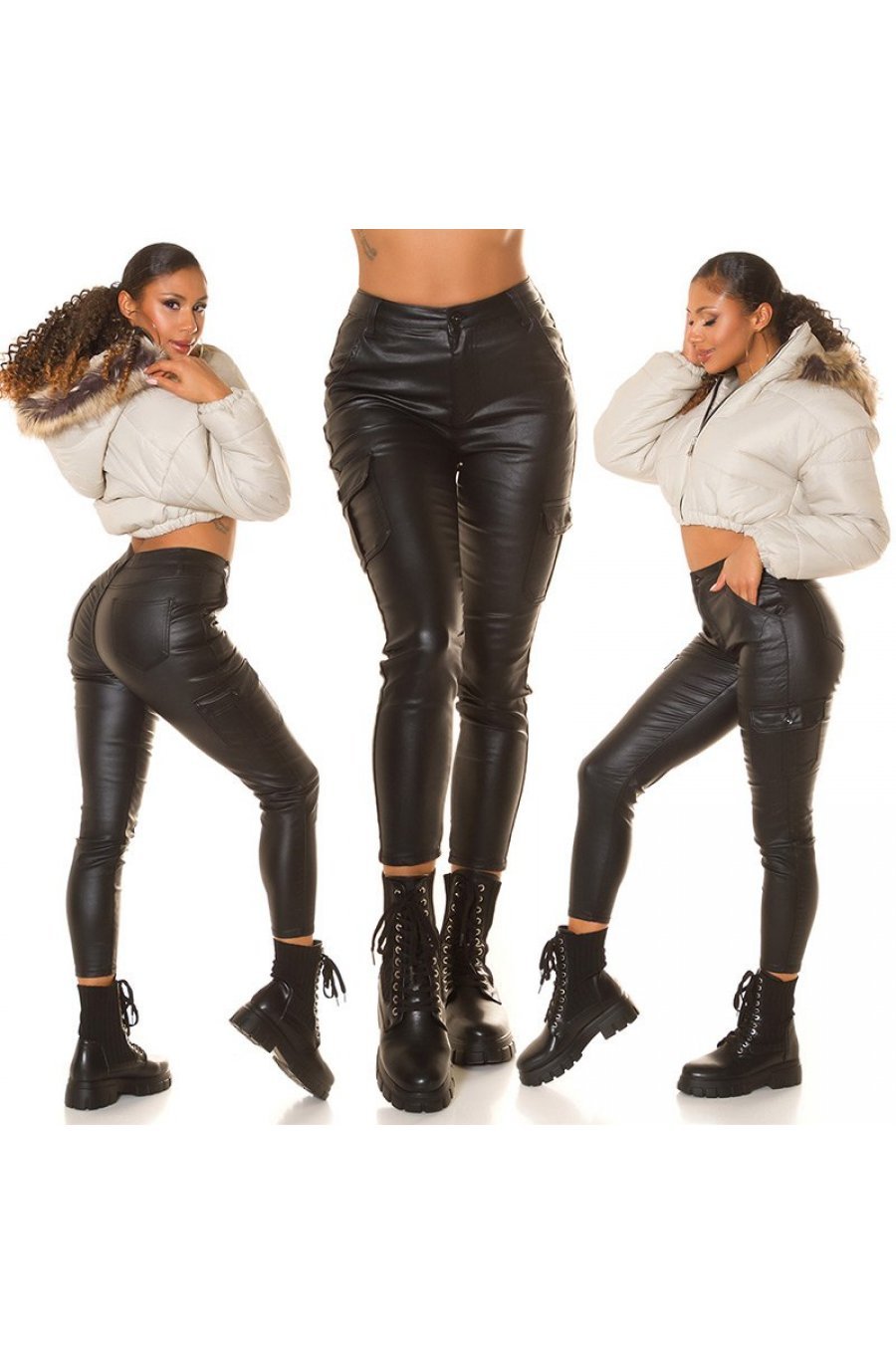 Pantaloni dama cargo, negri, din piele eco, Eliska Pantaloni dama cargo, negri, din piele eco, Eliska 3 - jojofashion.ro