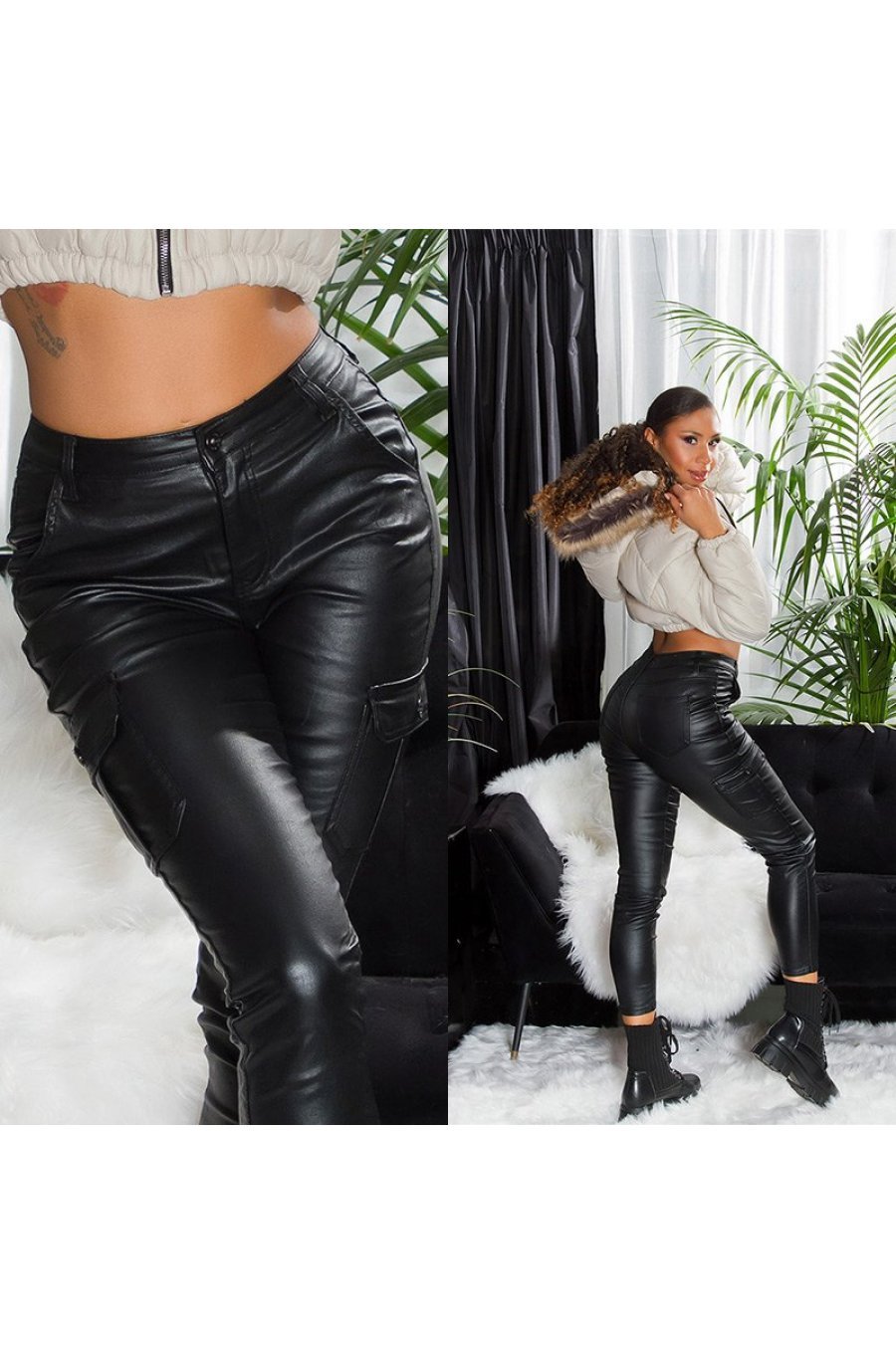 Pantaloni dama cargo, negri, din piele eco, Eliska Pantaloni dama cargo, negri, din piele eco, Eliska 5 - jojofashion.ro