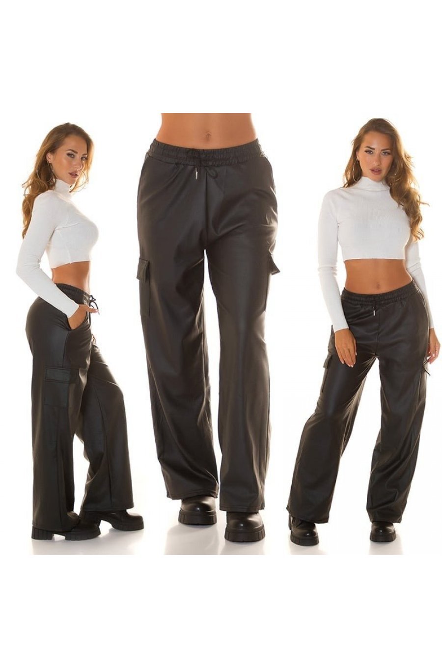 Pantaloni dama cargo, negri, imitatie piele, Asly Pantaloni dama cargo, negri, imitatie piele, Asly 5 - jojofashion.ro
