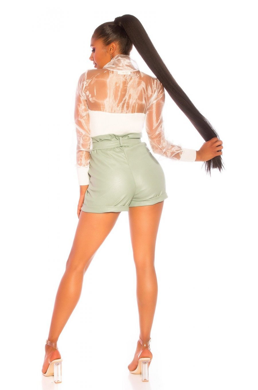 Pantaloni dama casual, scurti, kaki light, piele eco, cu talia inalta si cordon, Kalma 4 - jojofashion.ro