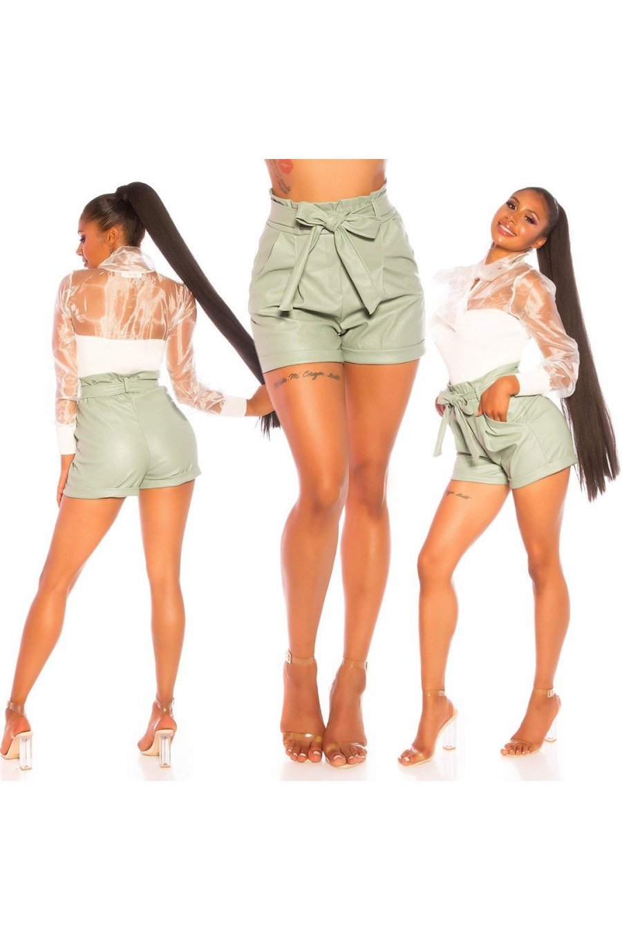 Pantaloni dama casual, scurti, kaki light, piele eco, cu talia inalta si cordon, Kalma 7 - jojofashion.ro